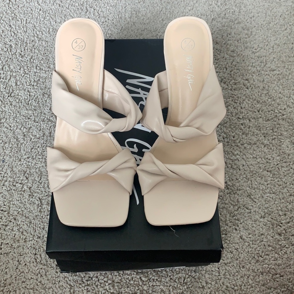 Cream twist strap heeled mules